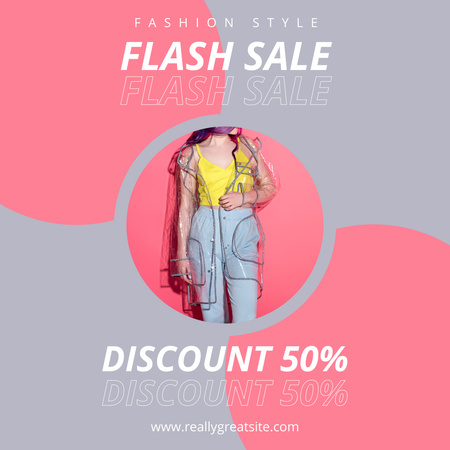 Designvorlage Damenmode-Kleidung-Flash-Sale mit Frau im Regenmantel für Instagram