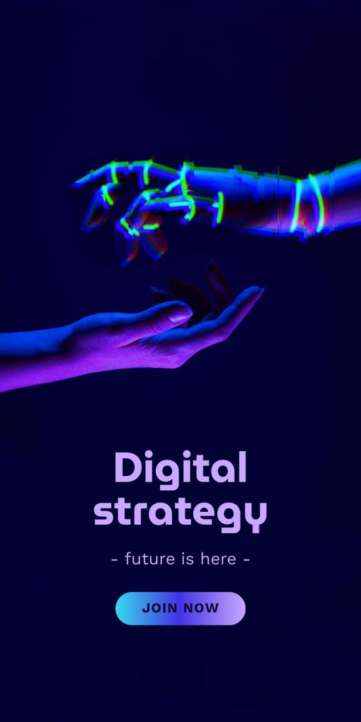 Digital Strategy Ad with Human and Robot Hands Graphic Design Template