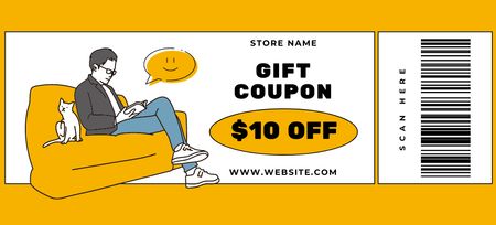 Bookstore's Gift Voucher with Reader and Cat Coupon 3.75x8.25in Design Template