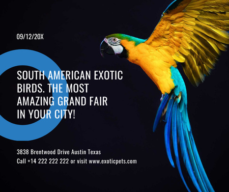 Plantilla de diseño de Feria de aves exóticas Loro guacamayo azul Facebook 