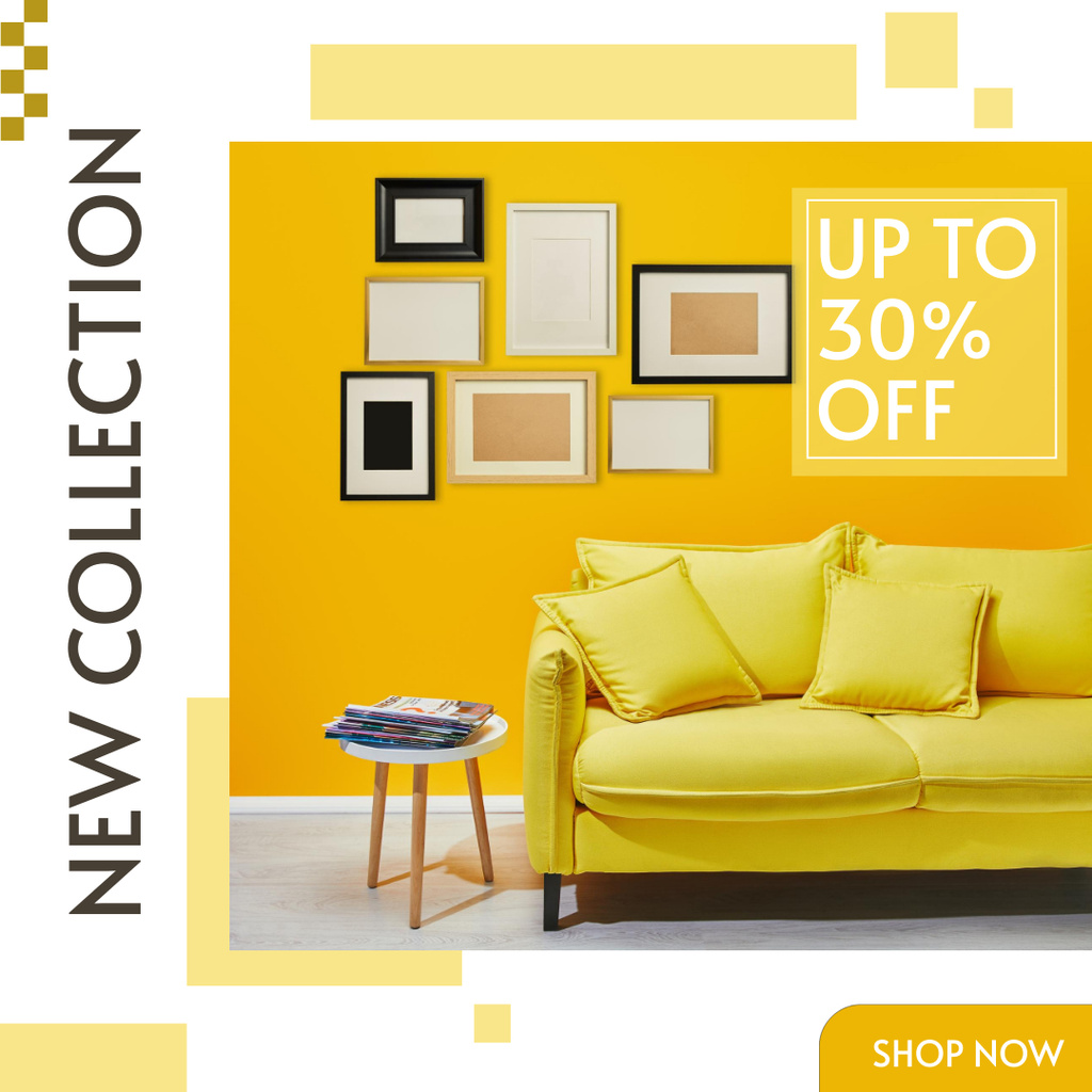 Furniture Ad with Discount Offer on Stylish Yellow Sofa Instagram Tasarım Şablonu