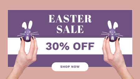 Объявление о пасхальной распродаже с фиолетовыми яйцами в кроличьих ушах FB event cover – шаблон для дизайна