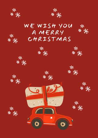 Christmas Greetings with Cartoon Car in Red Postcard 5x7in Vertical Design Template