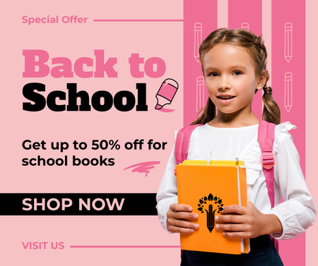 Discount on School Books with Cute Little Schoolgirl Facebook Design Template