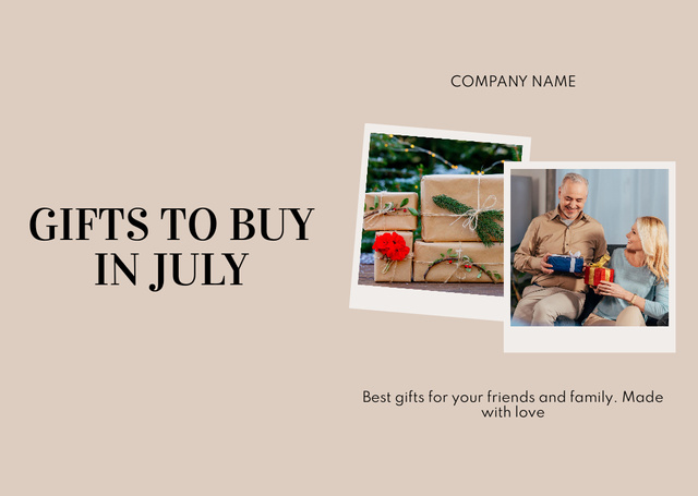 July Christmas Sale Announcement with Happy Couple and Wrapped Gifts Flyer A6 Horizontal – шаблон для дизайна