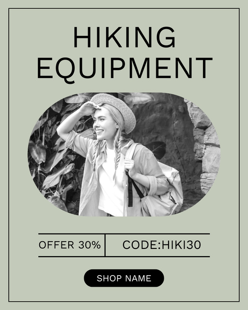 Hiking Equipment Discount Offer with Young Woman Instagram Post Vertical Šablona návrhu
