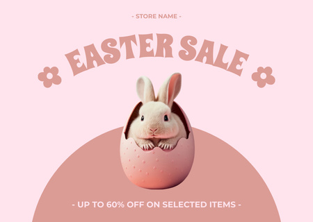 Szablon projektu Oferta wielkanocna z uroczym małym króliczkiem siedzącym w różowym jajku Card