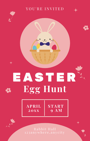Oznámení lovu velikonočních vajíček s roztomilým zajíčkem v košíku s velikonočními vejci Invitation 4.6x7.2in Šablona návrhu