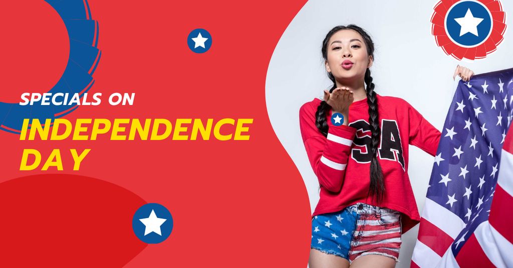 Ontwerpsjabloon van Facebook AD van Independence USA Day Offer with Woman sending Kiss