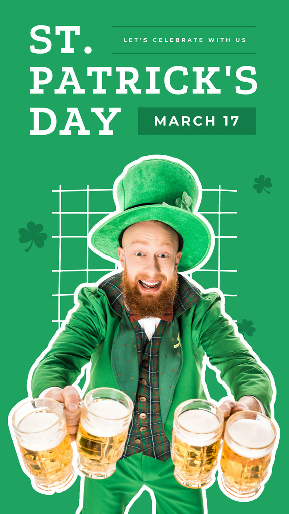Happy St. Patrick's Day Greeting with Red Bearded Man Instagram Story Design Template