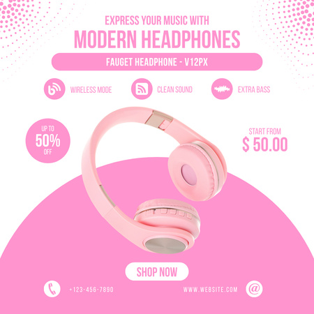Szablon projektu Wyprzedaż nowoczesnych różowych słuchawek Instagram