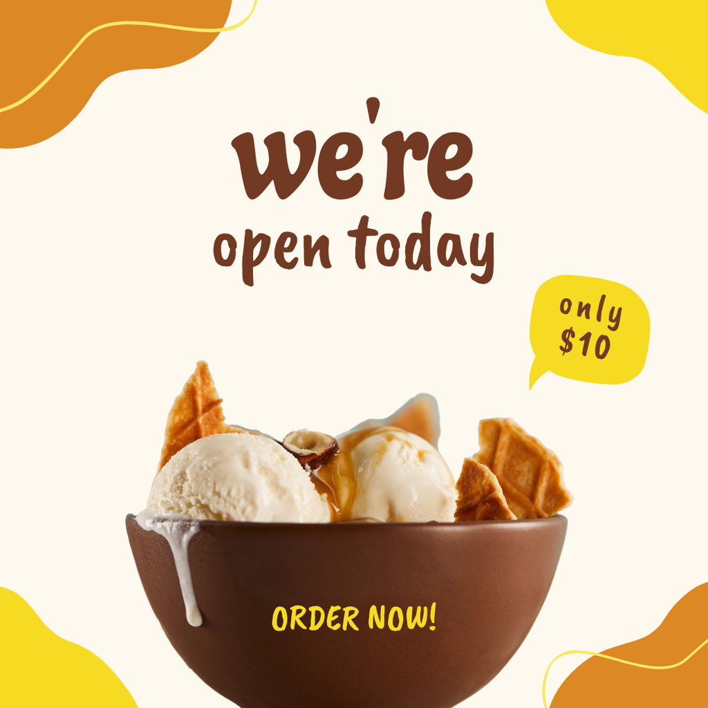 Sweet Ice Cream With Waffles In Bowl Offer Instagram Modelo de Design