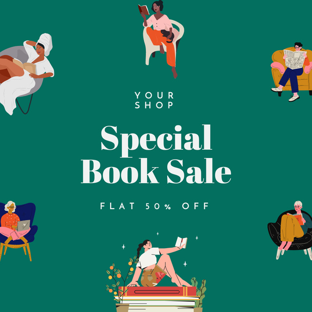 Book Special Sale Announcement with Cartoon Women Reading Instagram tervezősablon