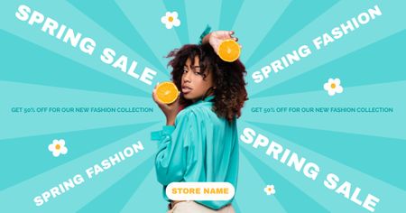 Ontwerpsjabloon van Facebook AD van Aankondiging voorjaarsuitverkoop met mooie Afro-Amerikaanse vrouw