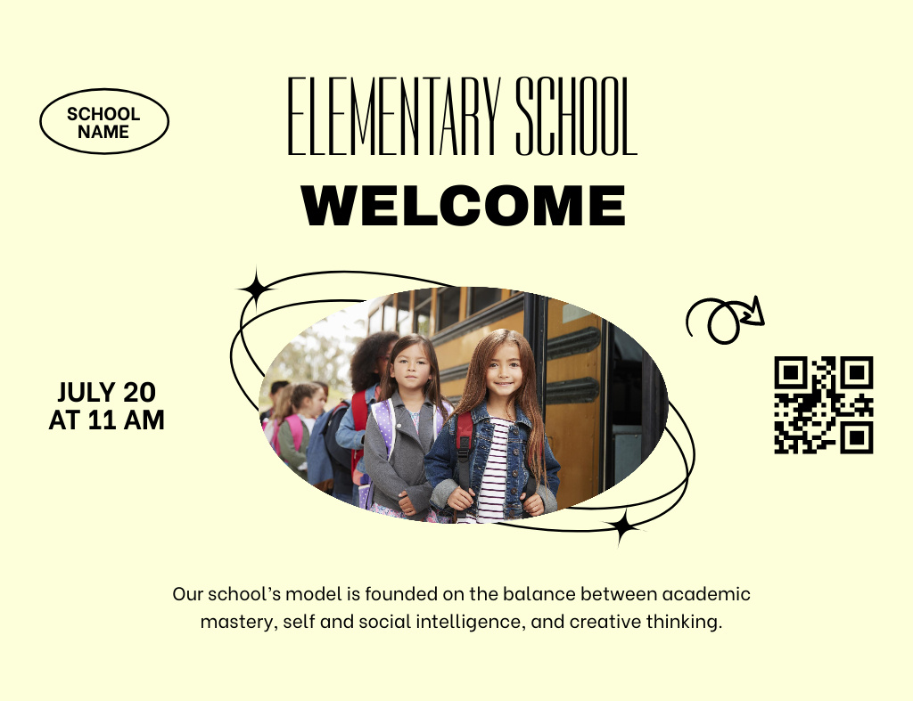 Welcome to Elementary School With School Bus Invitation 13.9x10.7cm Horizontal Design Template