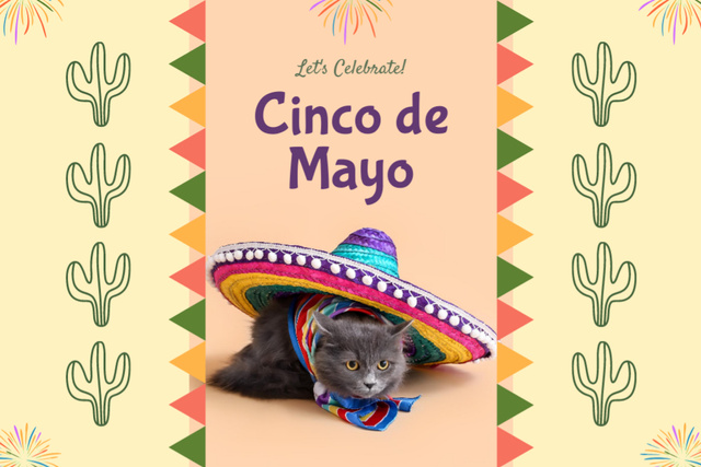 Cinco De Mayo Announcement with Cat in Sombrero Postcard 4x6in Design Template