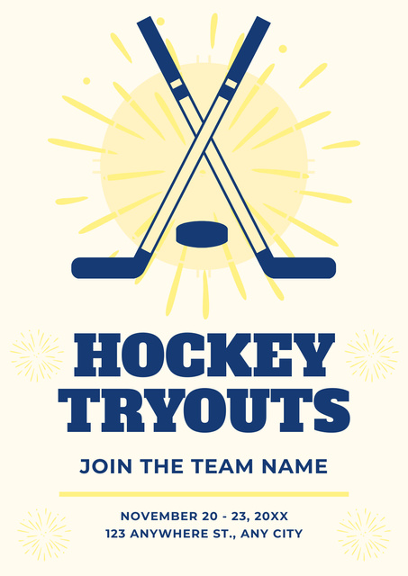 Hockey Tryouts Advertisement with Sticks and Puck Poster Design Template