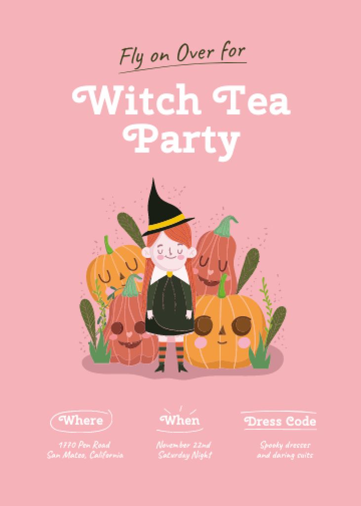 Halloween Party Announcement with Cute Witch and Pumpkins Invitation tervezősablon