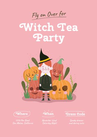 Ontwerpsjabloon van Invitation van Halloween Party Announcement with Cute Witch and Pumpkins
