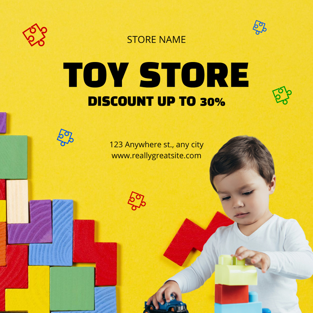 Ontwerpsjabloon van Instagram AD van Discount on Toys with Baby on Yellow