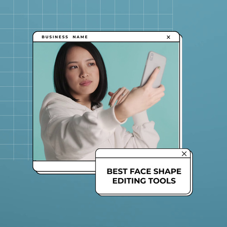 Jovem mulher asiática tirando selfie usando aplicativo móvel Animated Post Modelo de Design