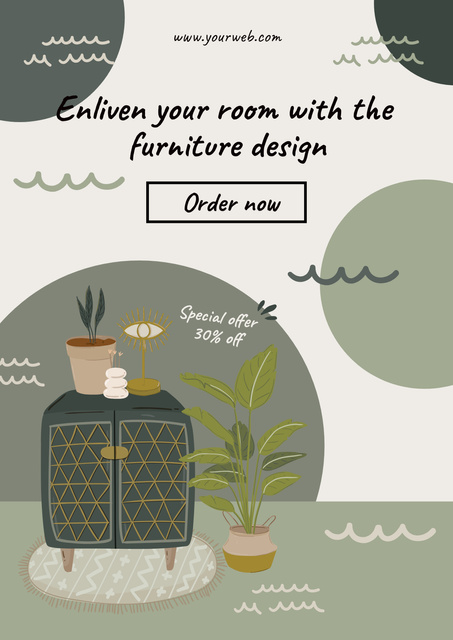 Furniture Offer Green Cartoon Illustrated Poster – шаблон для дизайна