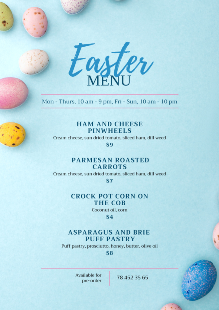 Offer of Easter Meals with Colorful Painted Eggs Menu Design Template