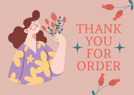 Phrase with Woman Holding Flowers Thank You for Your Order Card Design Template