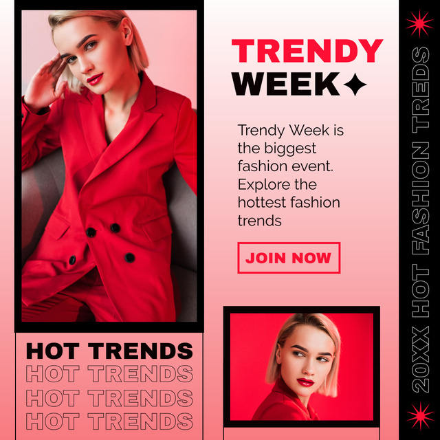 Fashion Week Announcement with Attractive Blonde Woman in Red Instagram Design Template