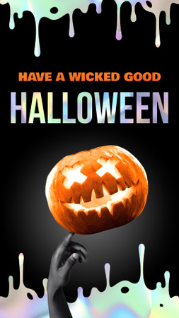 Modèle de visuel Effrayant Jack-o'-lanterne avec main et félicitations pour Halloween - Instagram Video Story