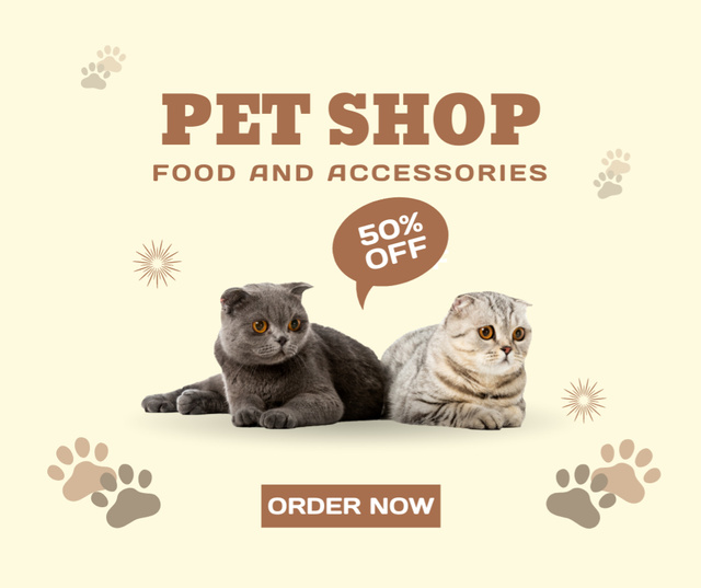 Pet Shop Ad with Cute Cats And Discounts In Yellow Facebook Šablona návrhu