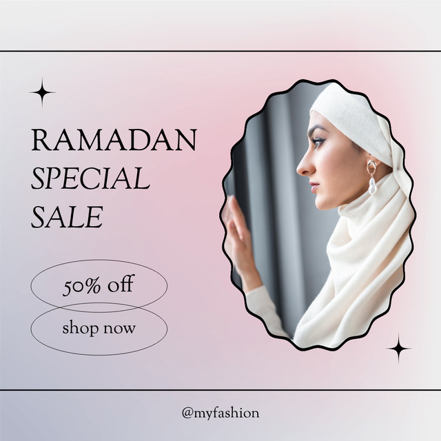 Ramadan Special Sale Offer Announcement with Attractive Arab Woman in Hijab Instagram Modelo de Design