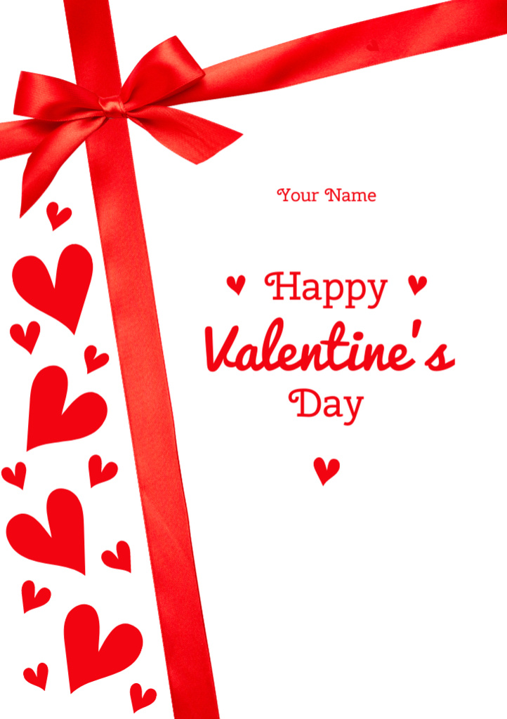 Valentine's Day Greeting with Red Ribbon Bow Postcard A5 Vertical Tasarım Şablonu