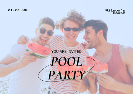 Plantilla de diseño de Pool Party Announcement with Cheerful Men Eating Watermelon Flyer A5 Horizontal 