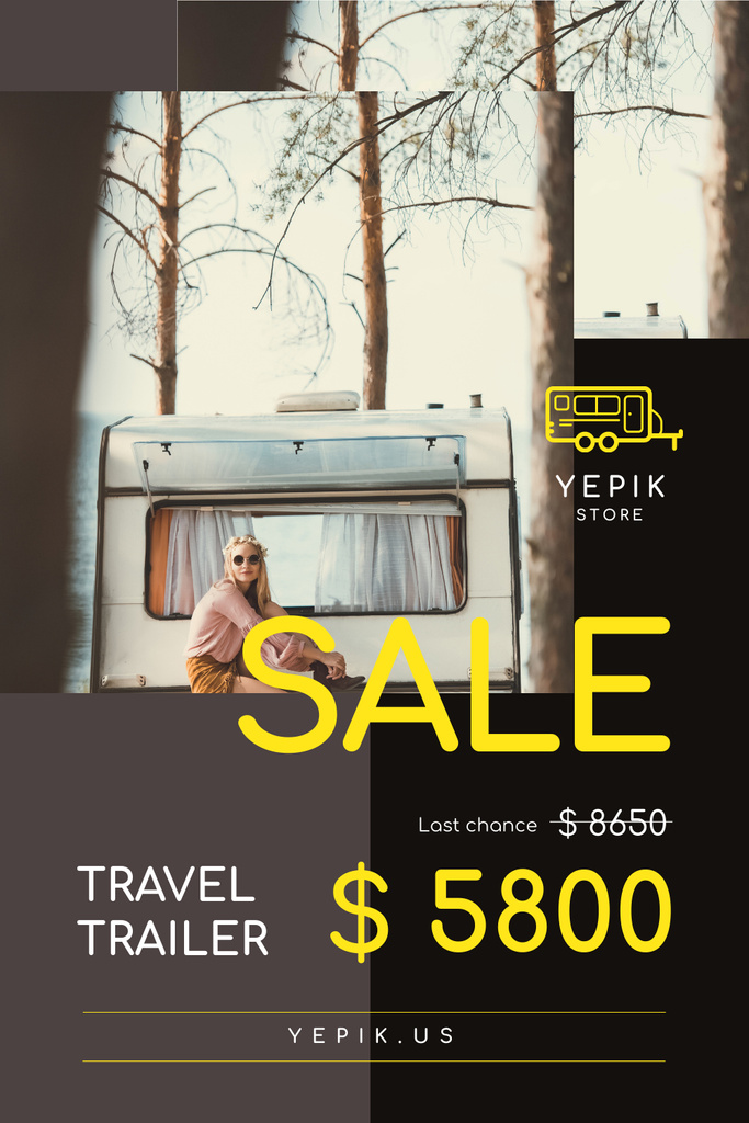 Camping Trailer Sale with Woman in Van Pinterest Design Template