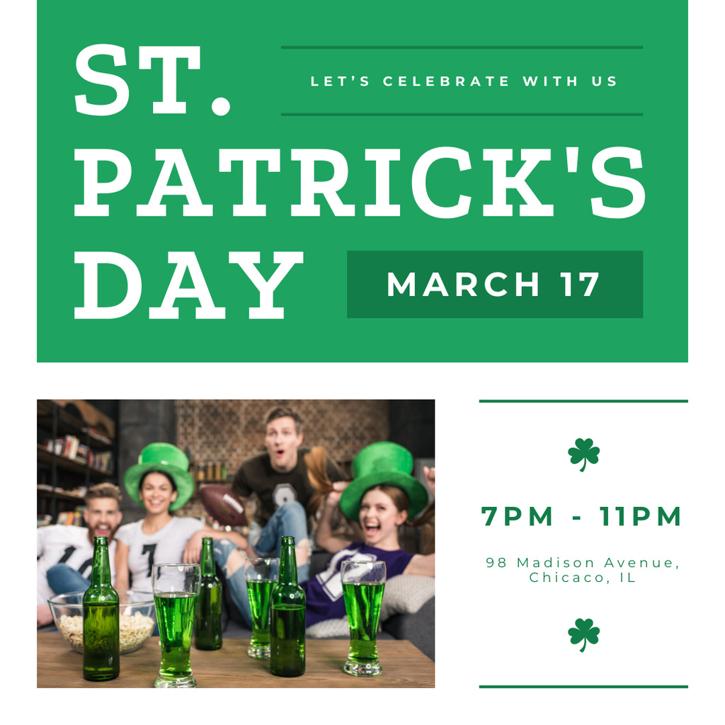 St. Patrick's Day Party Announcement with People in Pub Instagram Design Template