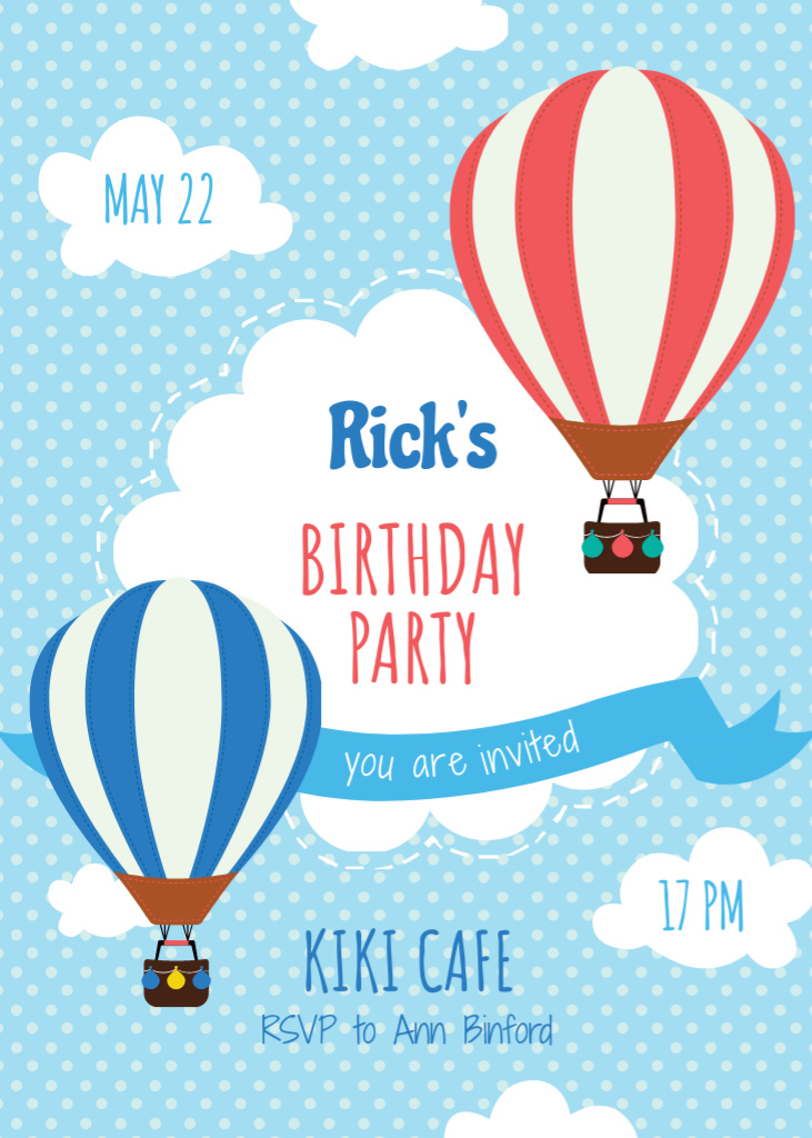 Birthday Party Announcement with Hot Air Balloons Invitation Design Template