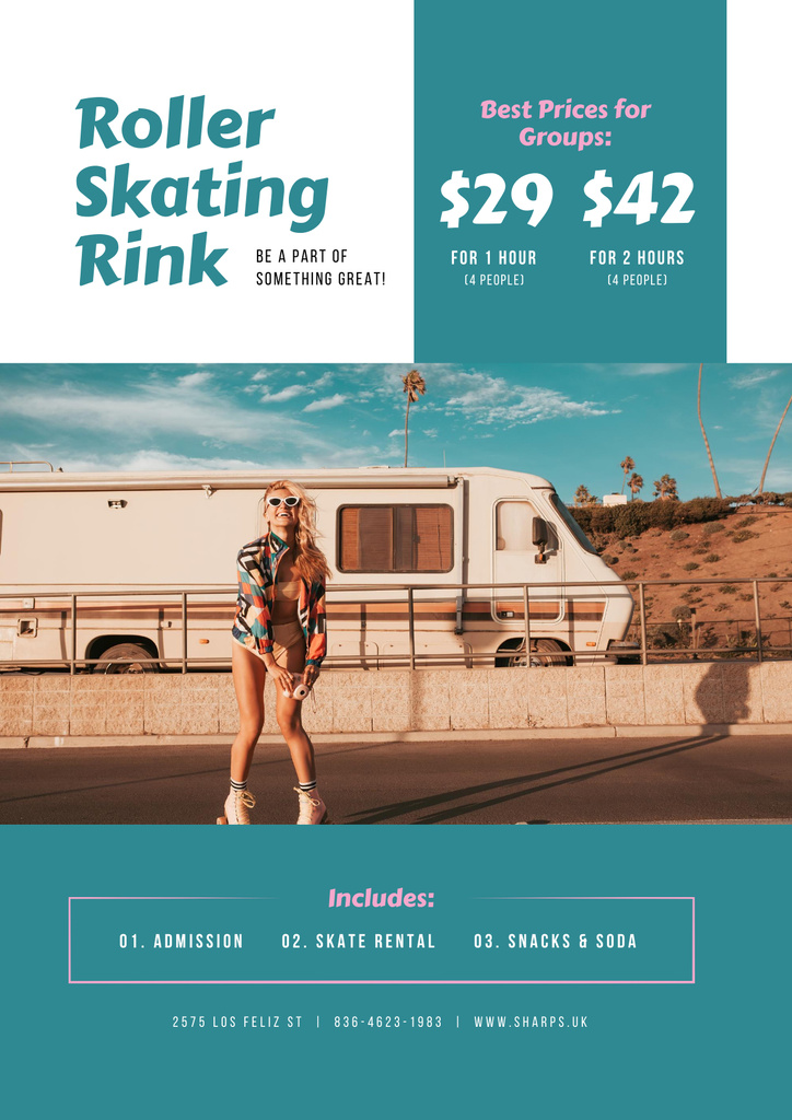 Designvorlage Roller Skating Rink Offer with Girl in Roller Skates für Poster