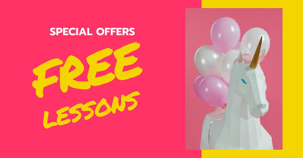 Toy Unicorn and Pink Festive Balloons Facebook AD Modelo de Design