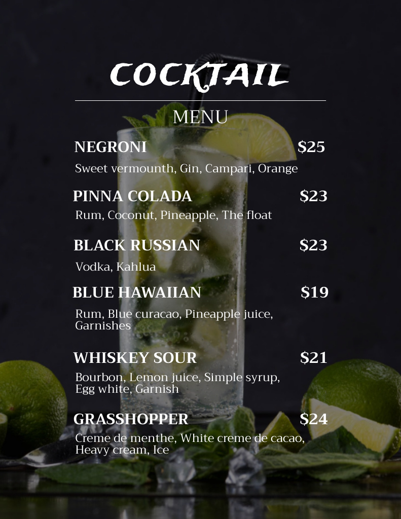 Cocktails Menu With Description And Ingredients Menu 8.5x11inデザインテンプレート