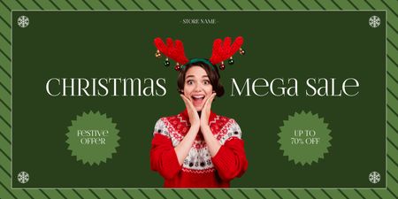 Excited Woman in Christmas Antlers on Holiday Sale Twitter Design Template