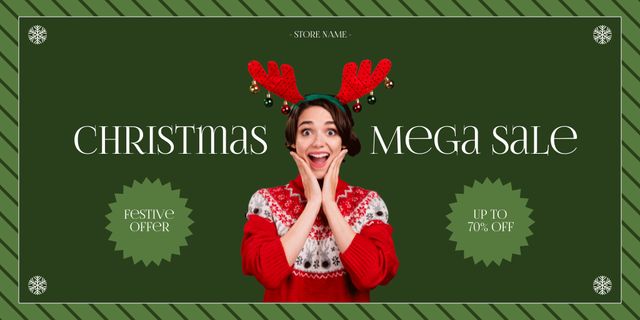 Excited Woman in Christmas Antlers on Holiday Sale Twitter Tasarım Şablonu