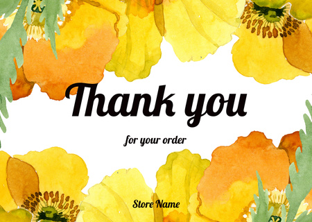 Designvorlage Message Thank You For Your Order with Yellow Watercolor Flowers für Card