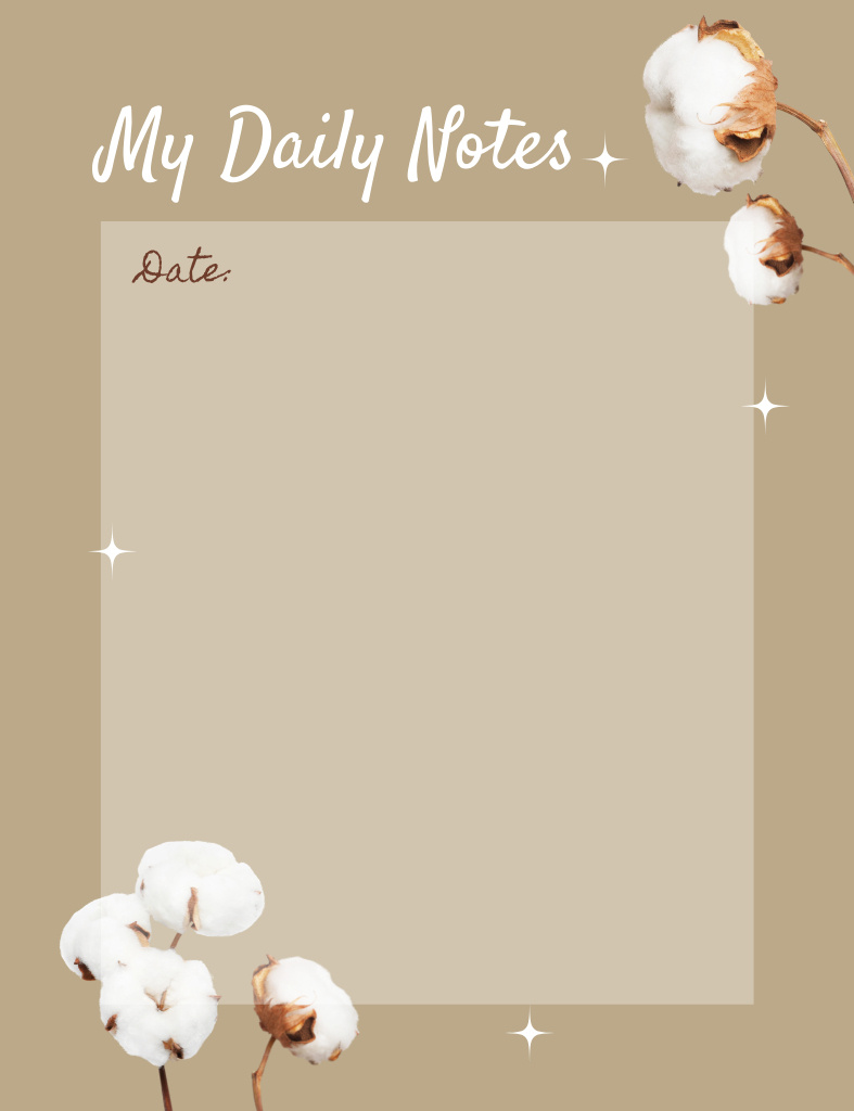 Daily Planner with Cotton Flowers on Beige Notepad 107x139mm Design Template