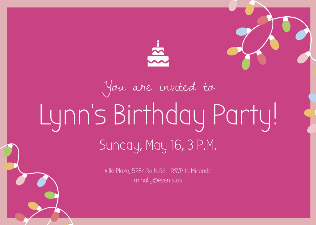 Birthday Party Invitation with Festive Lights on Purple Flyer 5x7in Horizontal Design Template