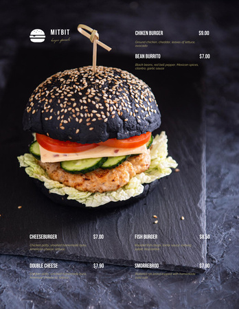 Delicious Black Burger And Description Menu 8.5x11in Design Template