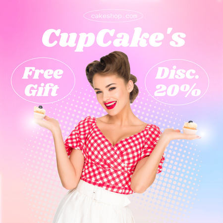 Designvorlage Cupcakes Sale Ad with Lady Showing Pastry für Instagram