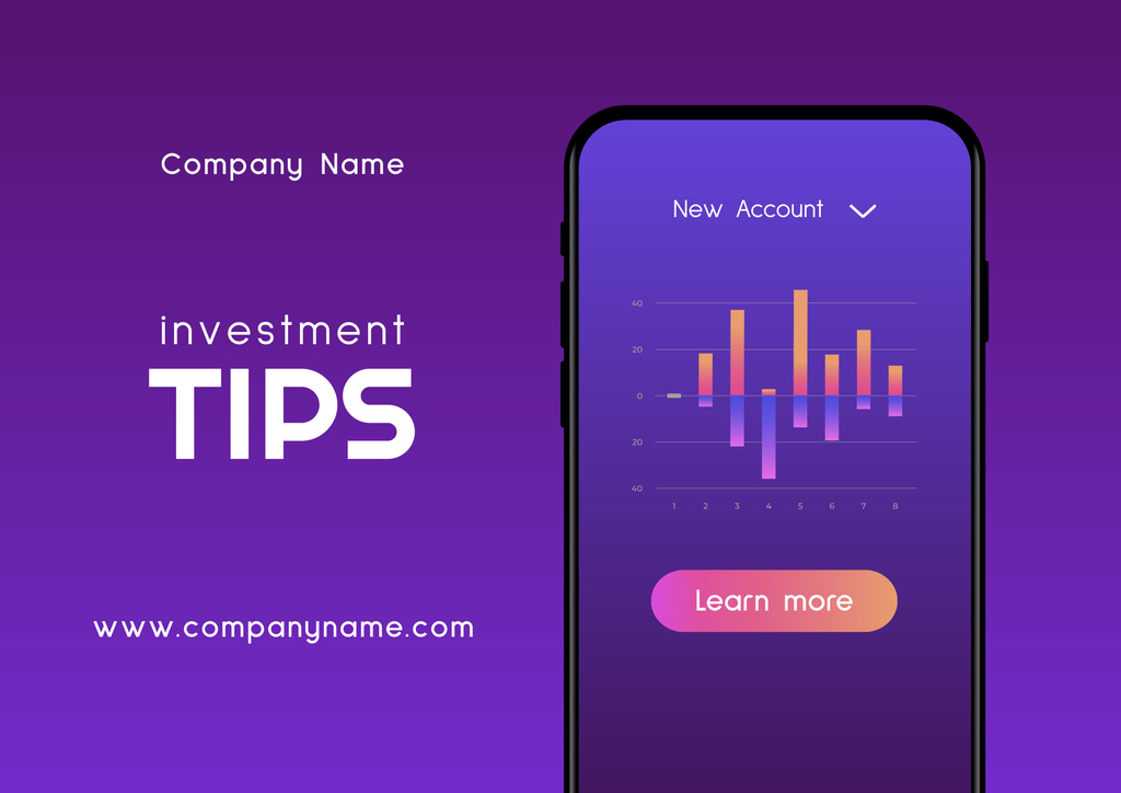 Investment Tips on Phone Screen with Chart In Purple Poster B2 Horizontal Design Template