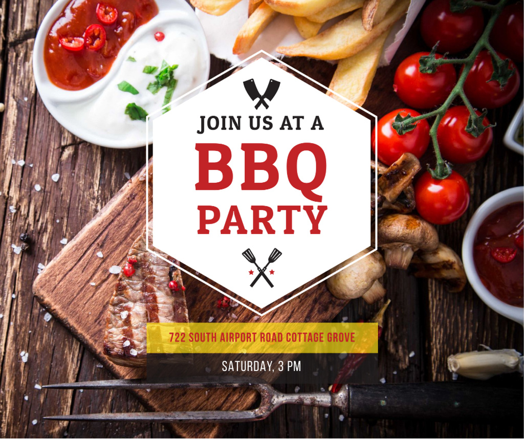 BBQ Party Invitation with Grilled Steak Facebookデザインテンプレート