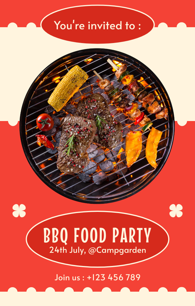Outdoor Food Party Ad on Red Invitation 4.6x7.2in – шаблон для дизайна
